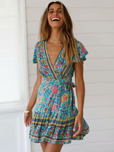 Sommerkleider Blau Damenmode gemischten Baumwollen V-Ausschnitt Kleider Kurzarm mit Printmuster geknotet Sommerkleid und figurbetonendem Design