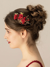 花嫁のための赤い結婚式のかぶとコーデュロイの花の細部のヘアアクセサリー