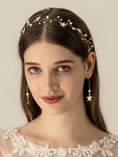 Conjunto de jóias de casamento Headwear de padrão de estrela de pérolas de ouro com brincos
