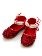 Scarpe Rosse da Festa 2024 Glitter a Punta Rotonda Perle Cinturino Alla Caviglia Scarpe per Bambini Scarpe da Sposa Fiore Ragazza