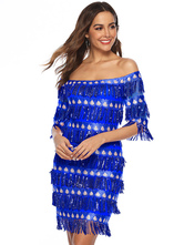 Women Flapper Dress 1920s Fashion Style Outfits Great Gatsby Off the Shoulder Royal Blue Fringe Retro Dress with Tassels Party Dress