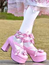 甘いロリータパンプスピンクの弓ハイヒールプラットフォームPUレザーロリータ靴