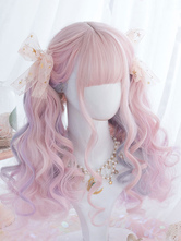 Perucas Sweet Lolita Pink Ombre Perucas de cabelo longo cacheado Lolita com franja sem corte