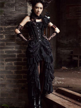 Black Victorian Steampunk Burlesque Gothic Costume High Low Ruffles Lace Skirt Women Cotton Retro Dress Halloween
