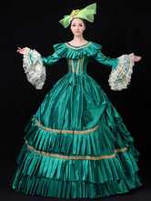 Victorian Dress Costume Women's Green Lace Trumpet Long Sleeves Ruffles Embroidered Royal Marie Antoinette Ball Gown Victorian Era Clothing Costume Halloween