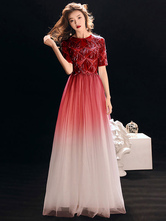 Prom Dress 2024 Red Sequin A Line Crewneck Tassels Short Sleeve Floor Length Formal Party Dresses