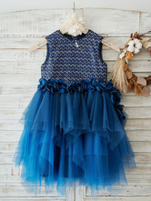 Vestidos de niña de flores Flor de satén Sin mangas Cuello de joya Azul marino oscuro Vestidos de fiesta para niños