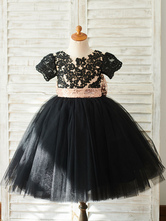 Платья для девочек-цветочков Луки с короткими рукавами Jewel Neck Black Kids Party Платья