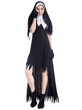 Disfraz Halloween Disfraces de Halloween Mujer Monja Logo Collar Vestido negro Disfraces de Halloween Carnaval Halloween