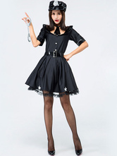 O vestido "sexy" preto da bobina da mulher dos trajes de Halloween algema trajes dos feriados do couro do Dia das Bruxas do plutônio