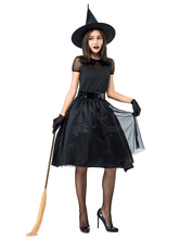 Disfraz Halloween Disfraces de Halloween Vestido de bruja negra para mujer Sombrero Poliéster Disfraces de fiestas de Halloween Carnaval Halloween