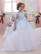 Flower Girl Dresses Jewel Neck Lace Half Sleeves Ankle-Length Ball Gown Sash Formal Kids Pageant Dresses