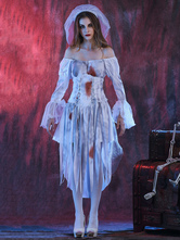 Vampiro Halloween Trajes Vestido Véu Branco Mulheres Afligidas Trajes Feriados