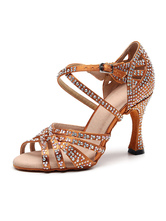 Women's Customized Latin Dance Shoes Satin Open Toe Luxury Rhinestones Ballroom Dance Shoes
