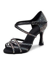 Women's Customized Latin Dance Shoes Black Open Toe Luxury Rhinestones Ballroom Dance Shoes