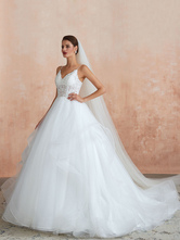 Ball Gown Wedding Dress 2024 Princess Straps Neck Sleeveless Studded Tulle Bridal Gowns With Train