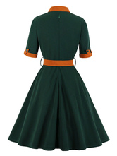 レトロワンピース ダークグリーン 五分袖 ロカビリー ワンピース ヴィンテージワンピース 結び ポリエステル 飾り付き襟 1950年代 レディース ワンピース レディースファッション 発表会 二次会 お呼ばれ Milanoo Jp