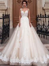 Wedding Dresses 2024 Jewel Illusion Neck Sleeveless A Line Lace Flora Applique Bridal Gowns With Train