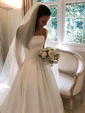 Vintage Wedding Dresses 2024 Satin Strapless A Line Floor Length Classic Bridal Gown With Train