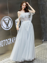 Prom Dress 2024 Princess Silhouette Jewel Neck Lace Half Sleeves Ruffles Wedding Guest Dresses
