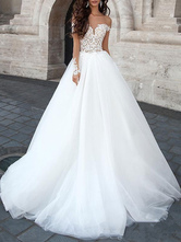 Princess Wedding Dress 2024 Ball Gown Sweetheart Neck Long Sleeves Backless Lace Tulle Bridal Dresses With Court Train