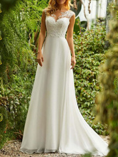 Simple Wedding Dresses 2024 Chiffon A Line V Neck Sleeveless Lace Beaded Bridal Gowns With Train