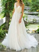 Simple Wedding Dress 2024 A Line V Neck Sleeveless Floor Length Beach Bridal Dresses With Train Free Customization