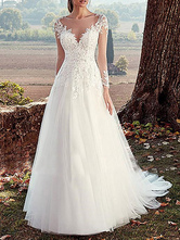 Свадебное платье 2024 V-образным вырезом A-Line с длинным рукавом длиной до пола  кружевной аппликацией из тюля  свадебные платья со шлейфом