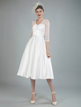 Brautkleider Kurz Weiß 3/4 Ärmel V-Ausschnitt Satingewebe Standesamtkleider Hochzeitskleid Kurz