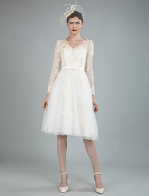 Short Wedding Dress Tulle Knee Length V Neck Long Sleeves A Line Bridal Gowns