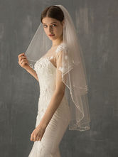 Wedding Veils Two Tier Crystal Elastic Woven Satin Finished Edge Drop Bridal Veils