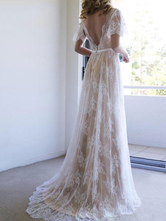 Simple Wedding Dress 2024 V Neck A Line Short Sleeve Deep V Backless Lace Bridal Gowns