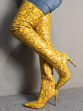 Mulheres sobre o joelho botas amarelo dedo apontado cobra impressão 4.7 "coxa botas altas