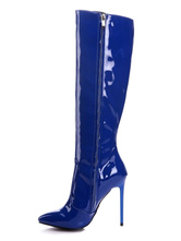 Stivali al ginocchio Stivali da donna in vernice blu con punta a punta Tacco a spillo Stivali invernali casual in pelle brillante quotidiana
