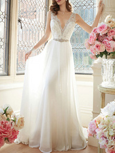 Robe de mariée simple 2024 une ligne col en V sans manches longueur de plancher dentelle robes de mariée