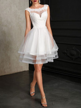 Wedding Dresses 2024 A Line Jewel Neck Sleeveless Tulle Short Bridal Dress