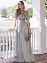 Plus Size Evening Dress 2024 A-Line Jewel Neck Chiffon Short Sleeves Floor Length Lace Formal Dresses Wedding Guest Dresses
