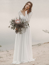 Vestido de noiva simples com decote em V de manga comprida até o chão de chiffon vestidos de noiva de praia