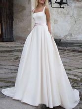 Simples vestido de noiva tecido de cetim quadrado pescoço faixa sem mangas uma linha de vestidos de noiva