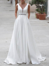 Schlichtes Brautkleid Standesamtkleider Satingewebe A-Linie- Weiß Standesamtkleid