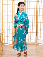Trajes japoneses Quimono infantil Vestido de poliéster azul ciano Oriental Conjunto feminino Trajes de feriados