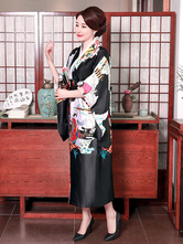 Trajes japoneses para adultos Vestido de cetim de poliéster quimono preto conjunto Oriental trajes de férias