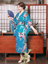 Japonais Costumes Adulte Cyan Bleu Kimono Robe De Satin Oriental Set Déguisements Halloween