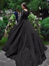 Vestidos de novia góticos Princesa Silueta Mangas largas Encaje Tafetán Corte Tren Vestido de novia vintage