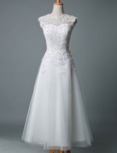 Vintage Wedding Dress Tea Length Jewel Neck Sleeveless A Line Tulle Short Bridal Dress