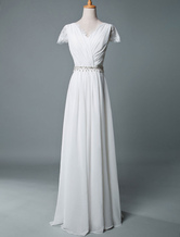 Robe de mariée bohème robe de mariage bohémien blanhce col V manche courte lanière sur dos jupe plissée au sol