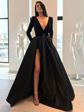 Abendkleider V-Ausschnitt Hochzeit A-Linie- Satingewebe Langarm Formelle Kleider mit Reißverschluss Schwarz bodenlang