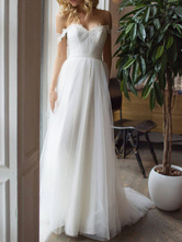 Vestidos de novia sencillos de línea A Marfil    hombro caído sin mangas cintura natural con pliegues de tul con escote de hombros caídos