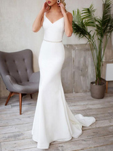 Vestidos de novia sencillos de silueta sirena Marfil    con correa spaghetti sin mangas cintura natural con faja de elastano de marca LYCRA