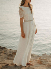 Simples Vestido de Noiva Uma Linha Jóia Pescoço Renda Manga Curta Até o Chão Vestidos de Noiva Chiffon Casamento de Praia